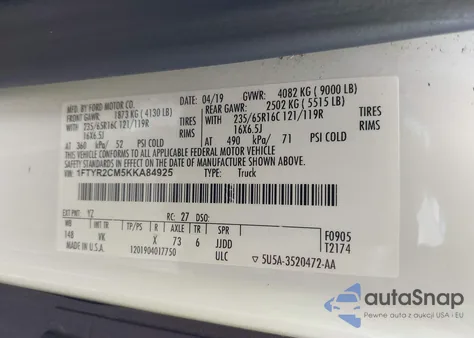 2019 Ford Transit-250 from USA, damaged, VIN 1FTYR2CM5KKA84925